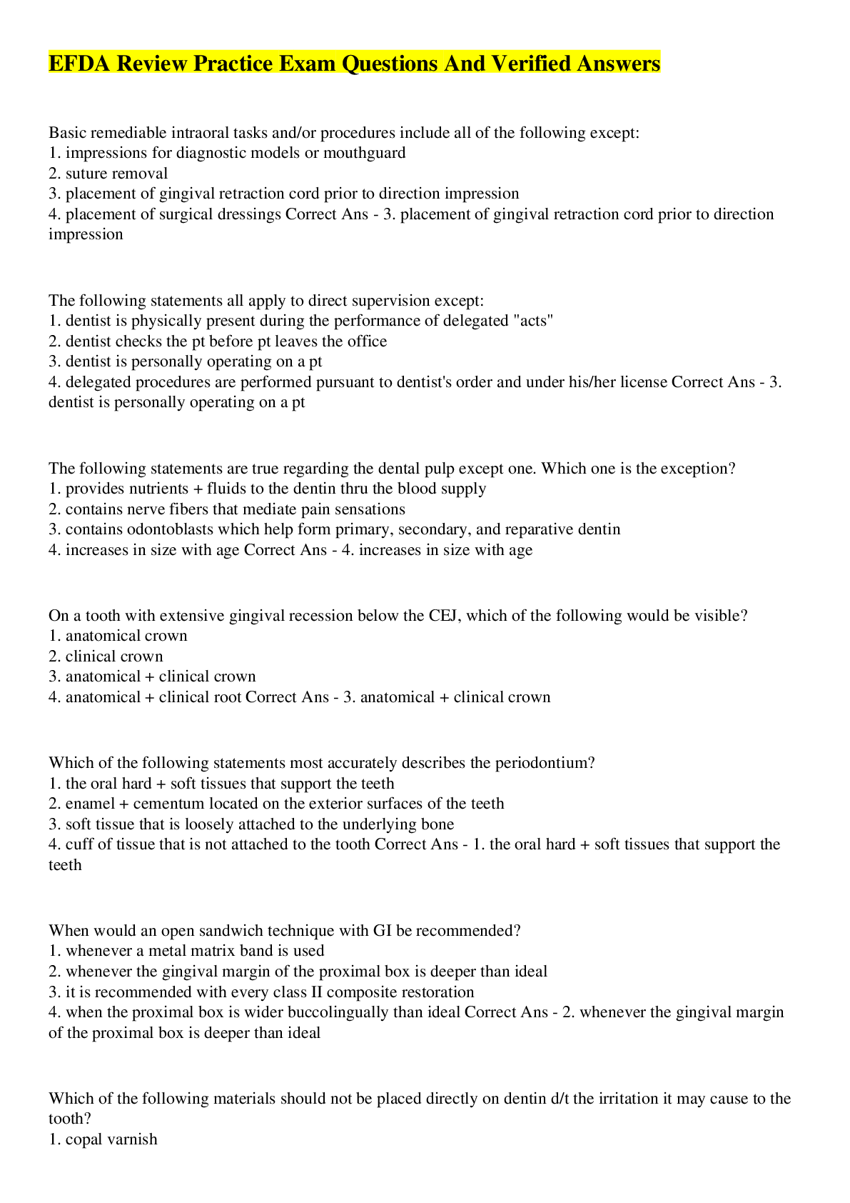 Preview image for EFDA Review Practice Exam Questions And Verified Answers